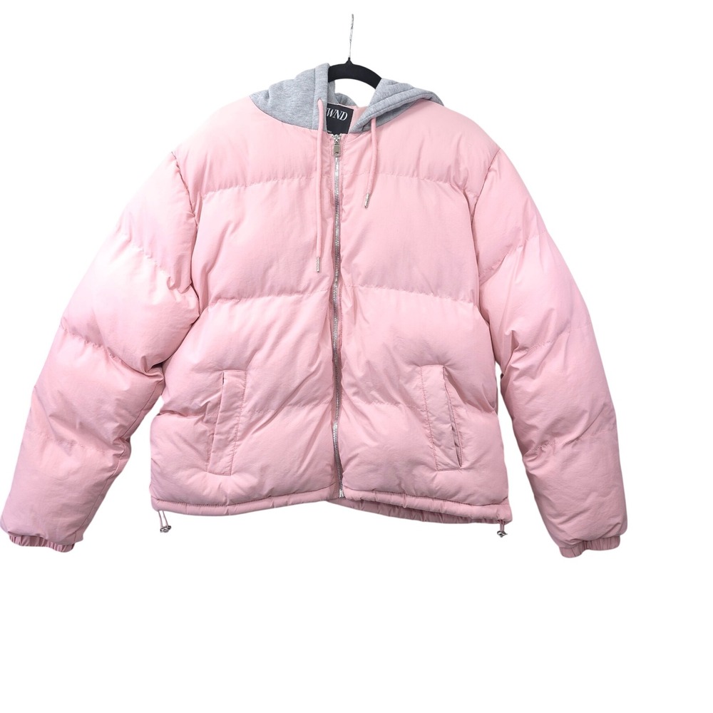 ANWND Pink Puffer Jacket Women Large Grey Hooded Quilted Zip Up Coat Streetwear